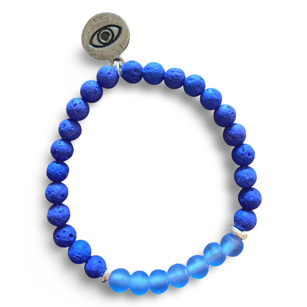 Evil Eye Protection Blue Lava Rock and Frosted Blue Glass Bracelet