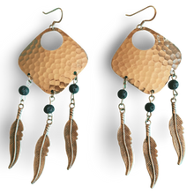 Load image into Gallery viewer, Silver Dream Catcher Earrings with Feathers and Black Lava Rocks by The Urban Charm
