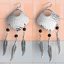 Load image into Gallery viewer, Silver Dream Catcher Earrings with Feathers and Black Lava Rocks by The Urban Charm
