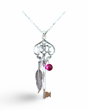 Load image into Gallery viewer, Skeleton Key Necklace with Pink Tiger’s Eye
