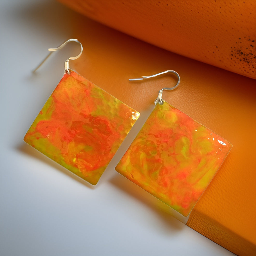 Yellow Orange Marble Diamond Dome Lures of Love Earrings