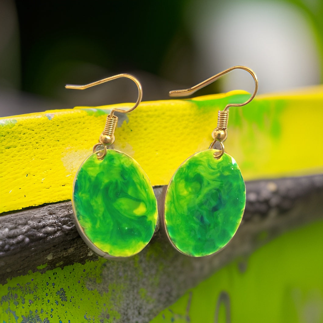 Green Yellow Marble Mini Oval Lures of Love Earrings