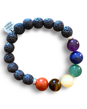 Load image into Gallery viewer, Large Black Lava Rock Chakra Balance Bracelet with Natural Gemstones and Charm
