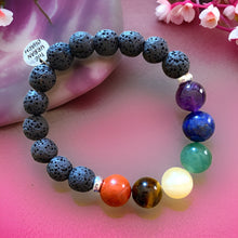 Load image into Gallery viewer, Large Black Lava Rock Chakra Balance Bracelet with Natural Gemstones and Charm
