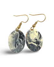 Load image into Gallery viewer, Black &amp; White Hand Painted Marbleized Mini Oval Earrings

