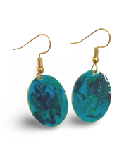 Load image into Gallery viewer, Blue &amp; Green Hand Painted Marbleized Mini Oval Earrings
