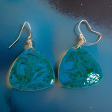 Load image into Gallery viewer, Blue &amp; Green Hand Painted Marbleized Guitar Pick Earrings
