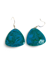 Load image into Gallery viewer, Blue &amp; Green Hand Painted Marbleized Guitar Pick Earrings
