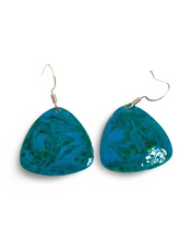 Load image into Gallery viewer, Blue &amp; Green Hand Painted Marbleized Guitar Pick Earrings
