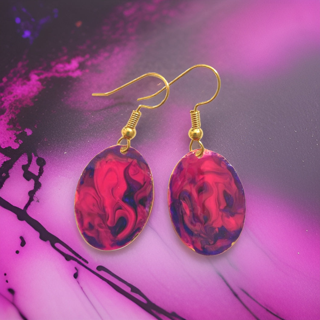 Purple Hand Painted Marbleized Mini Oval Earrings