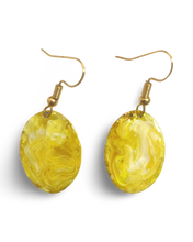 Load image into Gallery viewer, Yellow Hand Painted Marbleized Mini Oval Earrings
