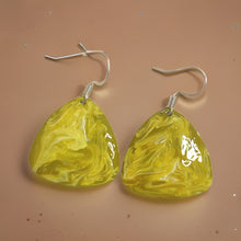 Load image into Gallery viewer, Yellow &amp; White Hand Painted Marbleized Guitar Pick Earrings
